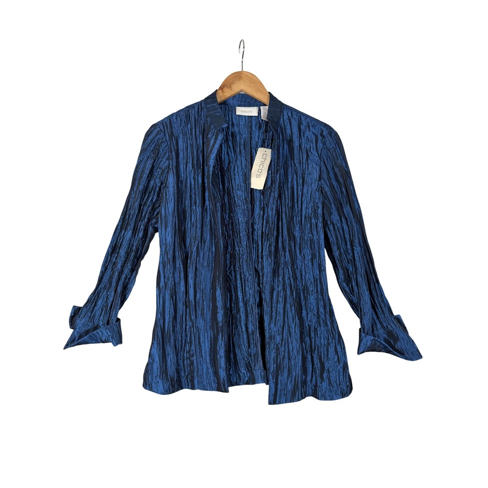 New Chico's Clearly Crinkle Joria 3/4 Sleeve Jacket Size 1 (S/M) Blue Open Front